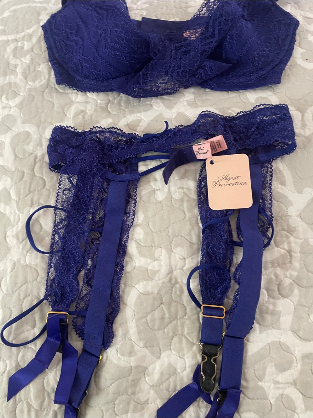 Agent Provocateur Royal Blue Lace Bra and Garter Set